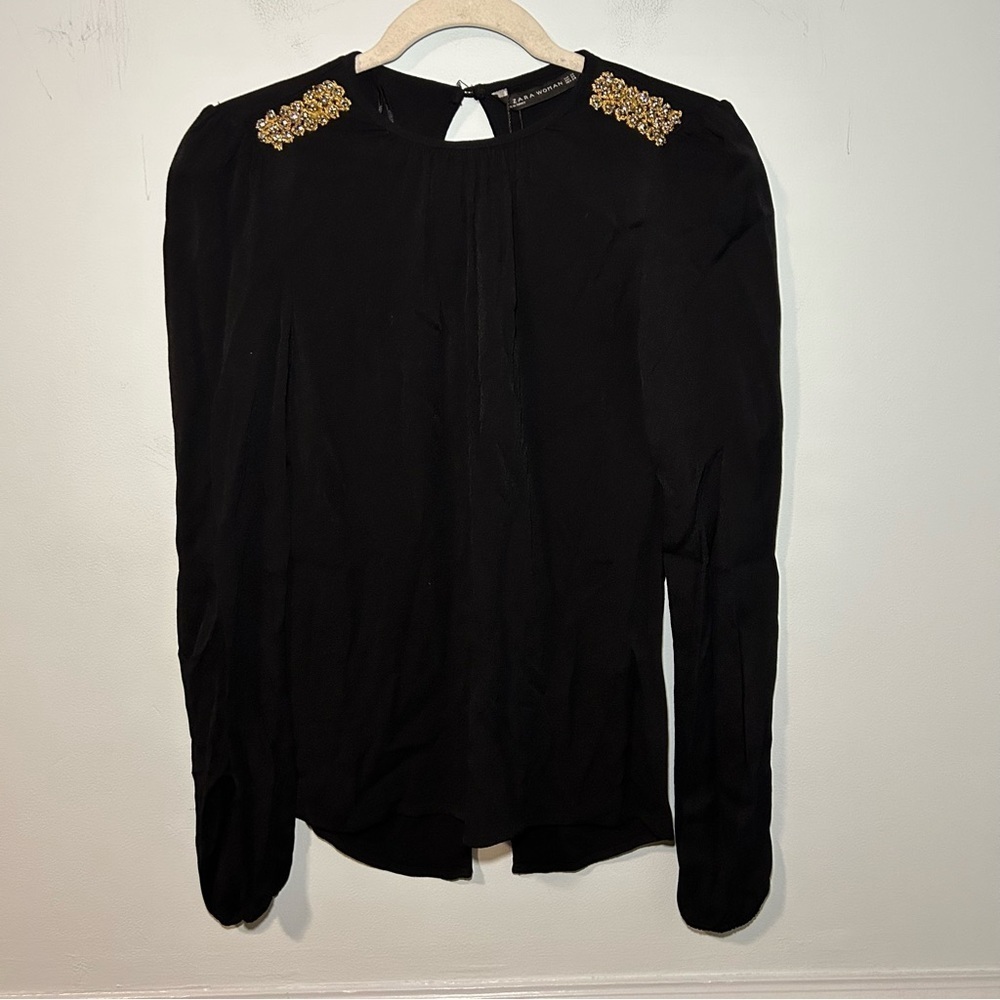 Zara Woman Black & Gold Metallic Thread Rhinestone Shoulder Slit Long Sleeve